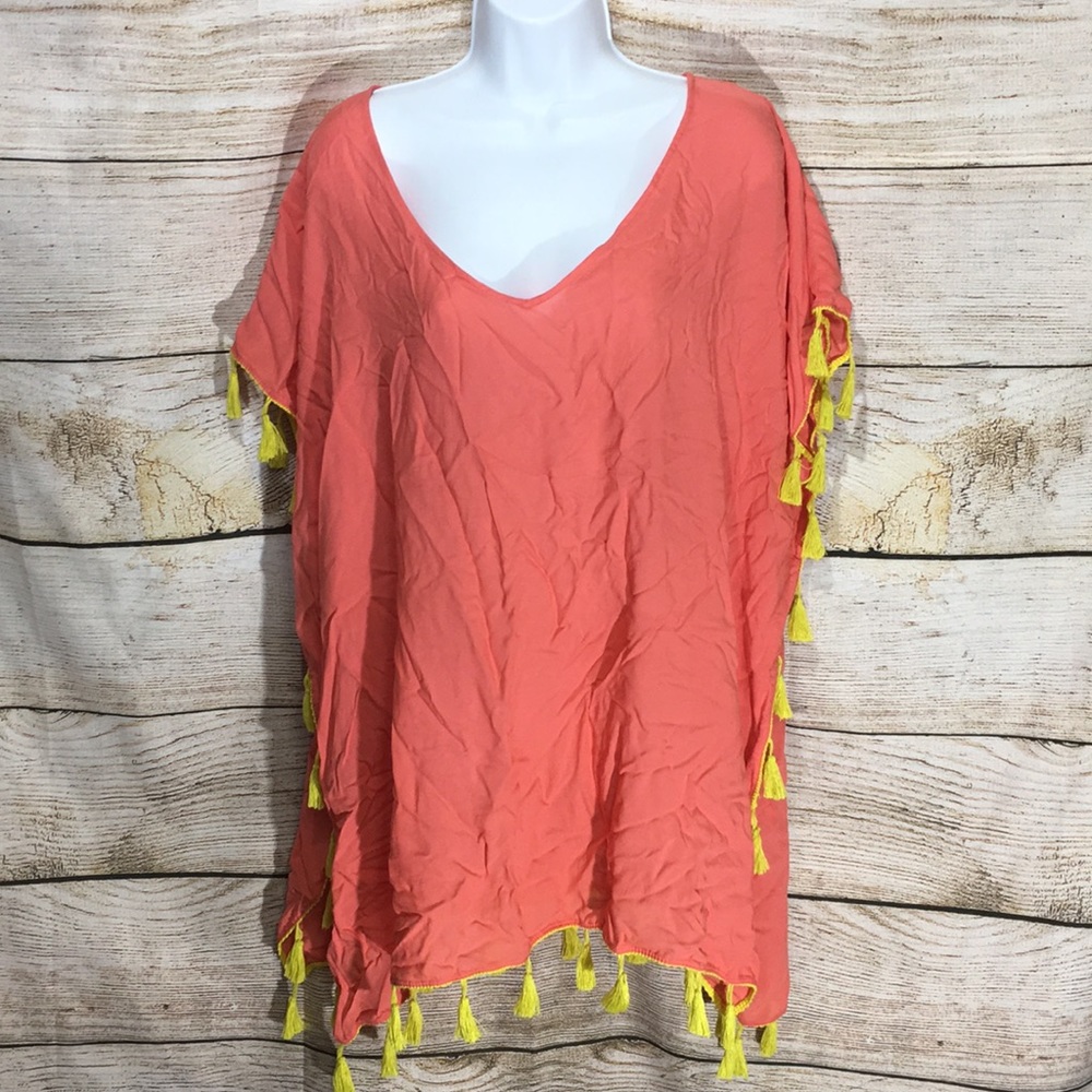 C&T beach cover up coral with lime fringe sunny